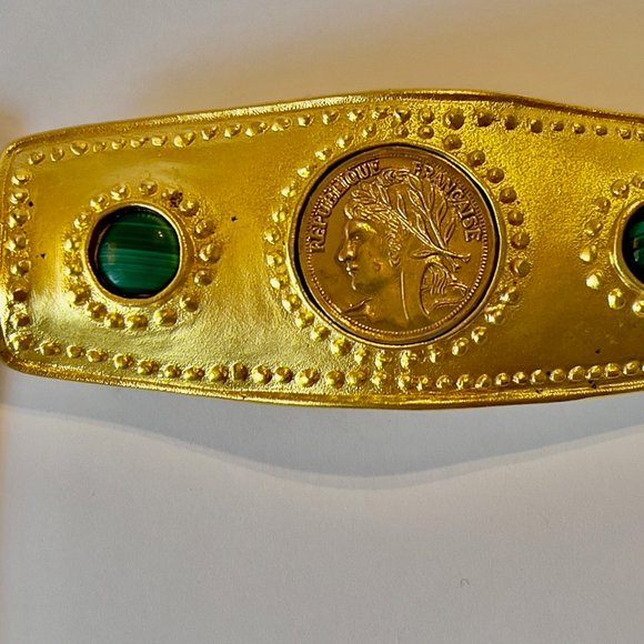 Vintage Faux Gold and Malachite Embellished Barrette With French Coin
